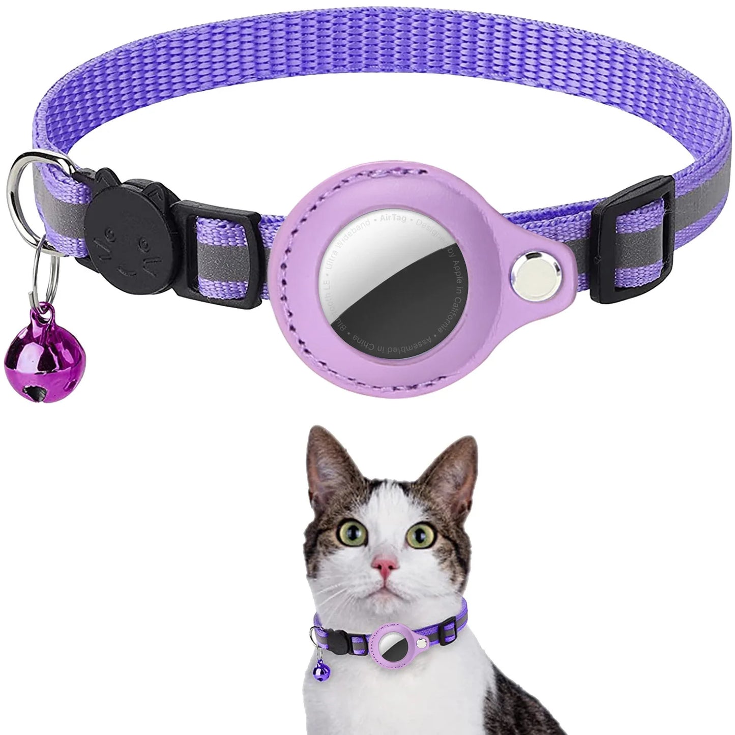 Cat Collar with Airtag Holder, Breakaway Design, Reflective Strips, and Bell