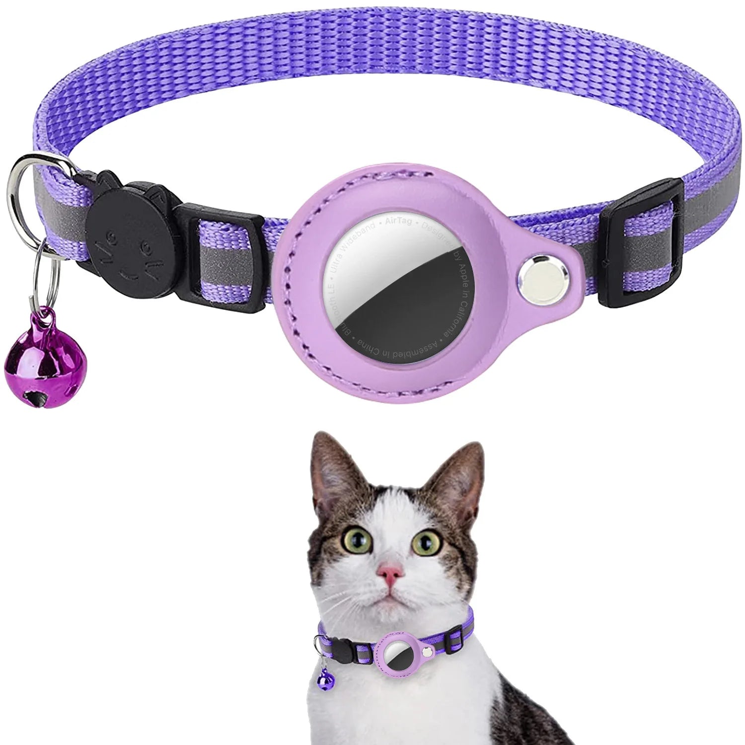 Cat Collar with Airtag Holder, Breakaway Design, Reflective Strips, and Bell
