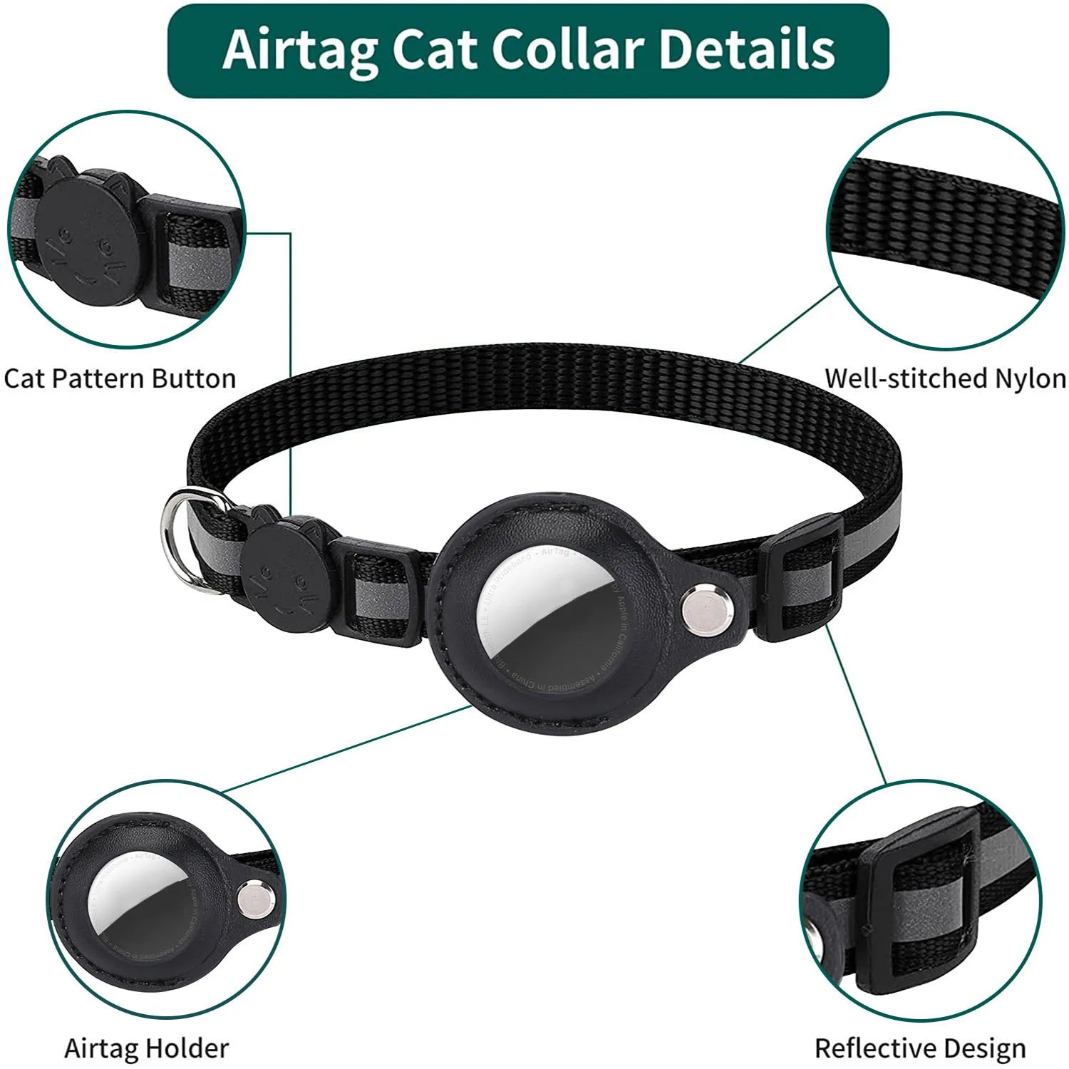 Cat Collar with Airtag Holder, Breakaway Design, Reflective Strips, and Bell