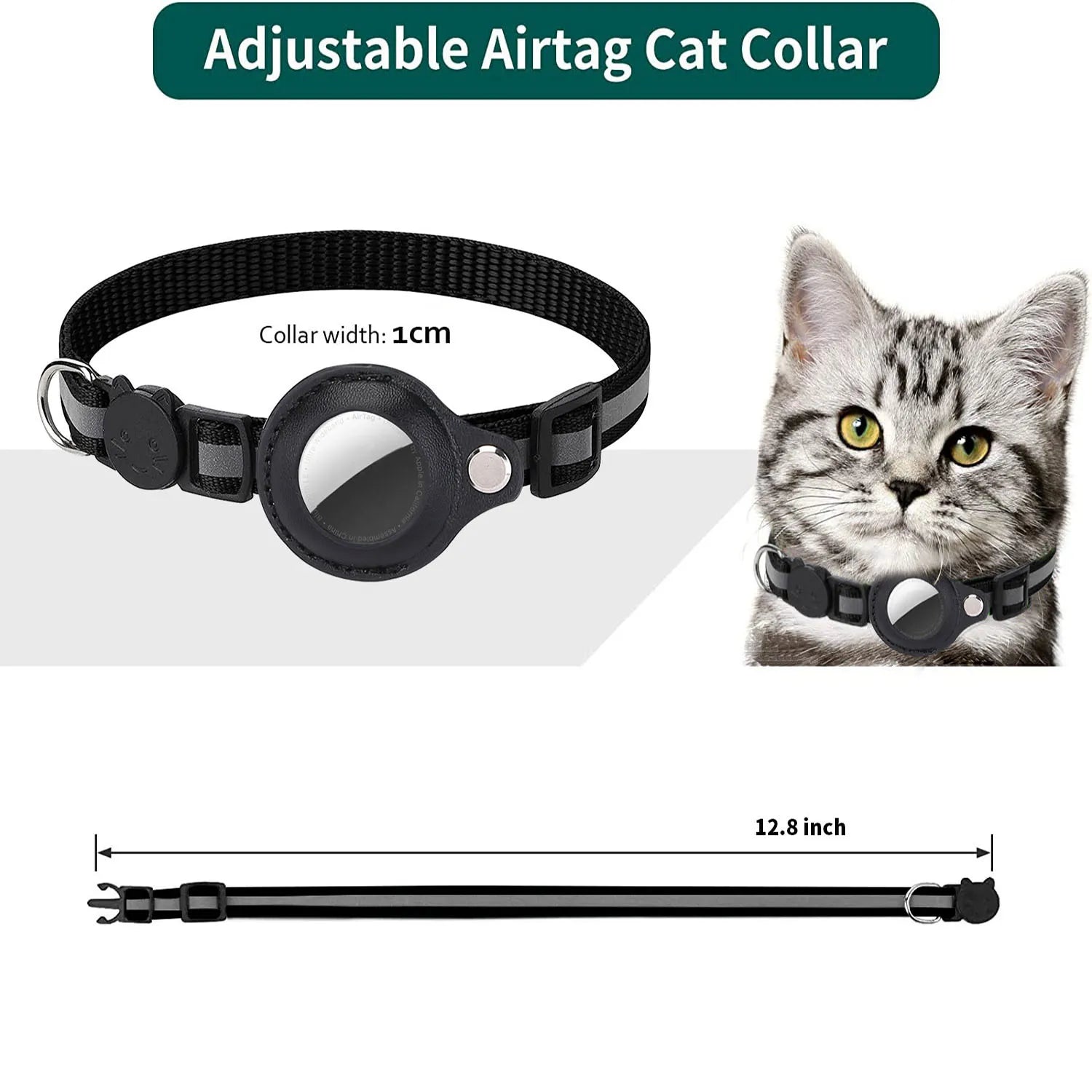 Cat Collar with Airtag Holder, Breakaway Design, Reflective Strips, and Bell