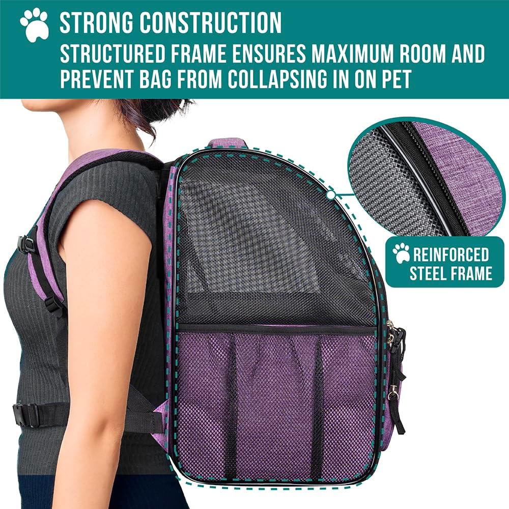 Ventilated Dog Backpack Carrier for Small Large Cat, up to 18Lbs Pet, Airline Approved Carrier, Purple