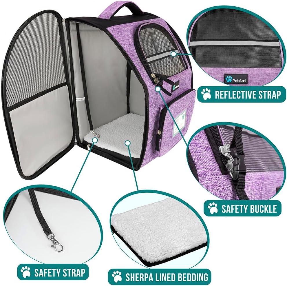 Ventilated Dog Backpack Carrier for Small Large Cat, up to 18Lbs Pet, Airline Approved Carrier, Purple