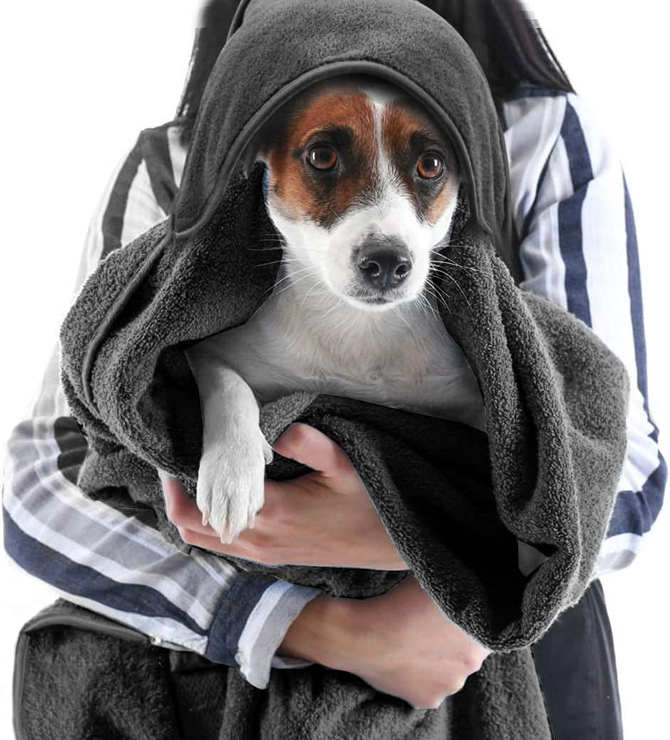 Super Absorbent Microfiber Hooded Bath Towel for Pets - Quick Drying Soft Robe for Dogs and Cats, 40x40 Inches (Grey)